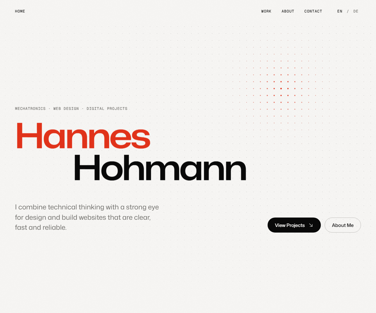 The home page of this website with the name Hannes Hohmann in red and black on a dot grid.